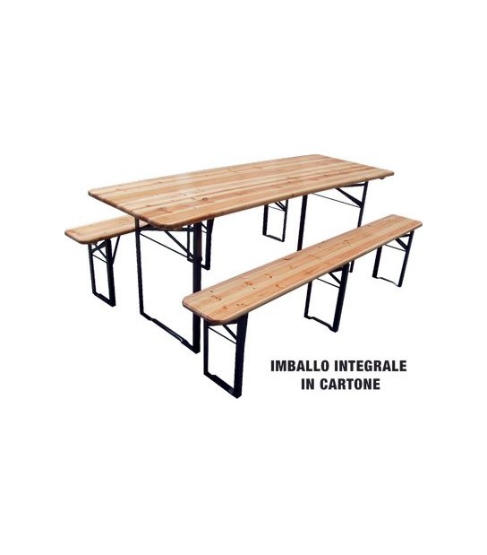 Domus Set Tavolo + Panche Birreria 3 Gambe Domus Legno/Acciaio Cm 220X70 H.Cm 76 Cf:Pz 3