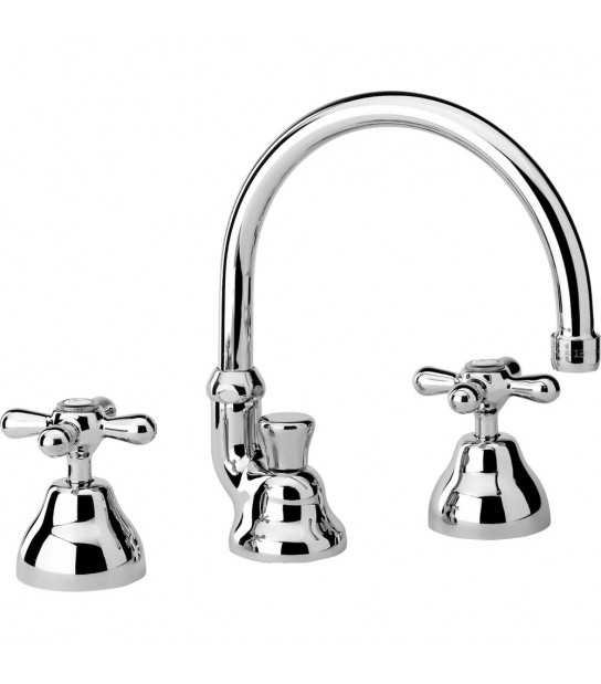 Batteria Lavabo A Tre Fori Con Bocca Alta Orientabile Liberty Cromo + Piletta 11/4