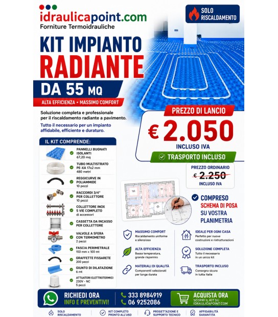Kit Impianto Radiante a Pavimento 55 m² Completo – Solo Riscaldamento con Collettore, 5 Attuatori e Schema di Posa