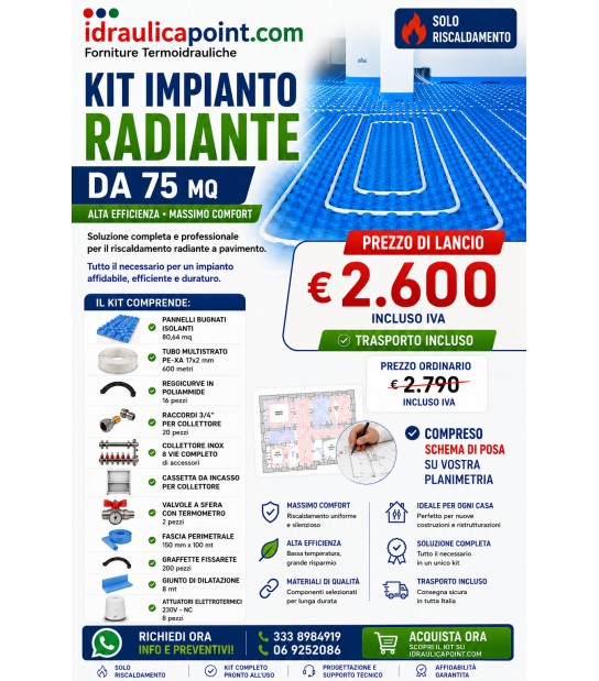 Kit Impianto Radiante a Pavimento 75 m² Completo – Solo Riscaldamento con Collettore, 8 Attuatori e Schema di Posa