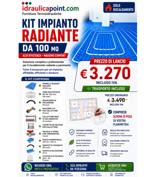 Kit Impianto Radiante a Pavimento 100 m² Completo – Solo Riscaldamento con Collettore, 8 Attuatori e Schema di Posa