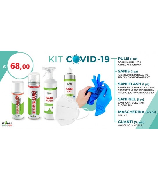 KIT 5 Mascherine Covid 19 con igienizzanti